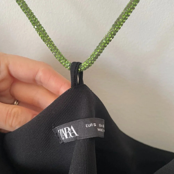 Zara Black Cowl Neck Mini Dress w/  Green Diamante Rhinestone Straps Sz Small - Picture 15 of 16